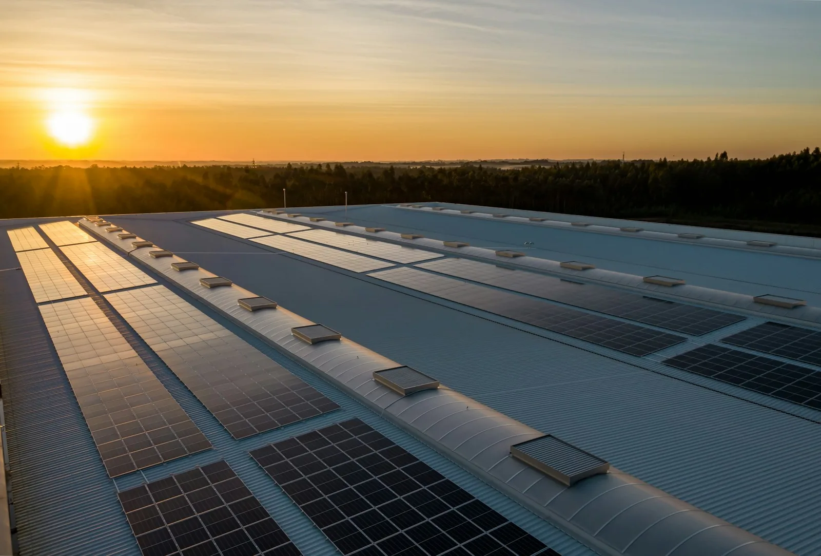 Photovoltaik-Anlage im Sonnenaufgang